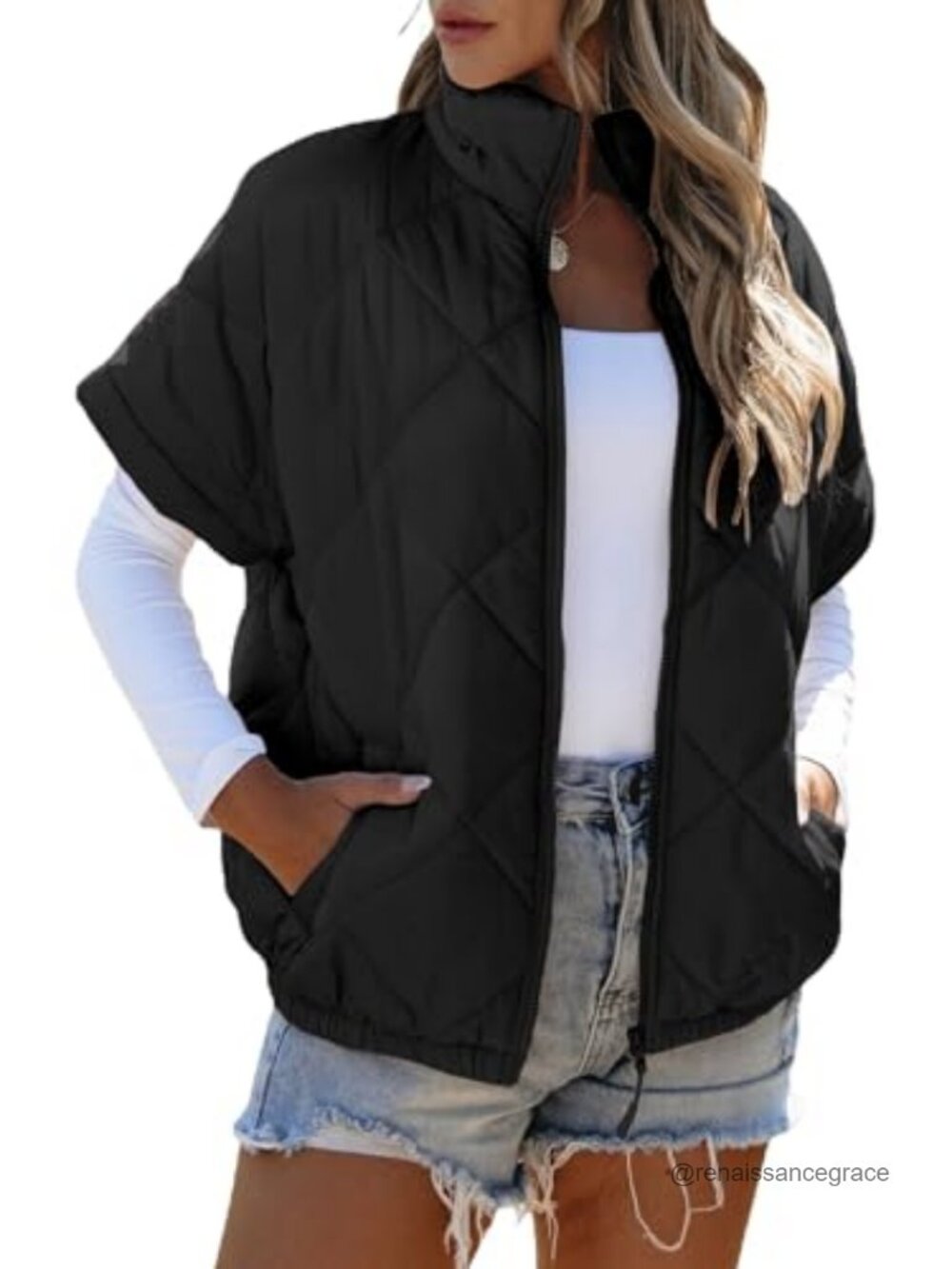 Quilted Vest Short Sleeve Zip Up Lightweight Warm Women's Outerwear